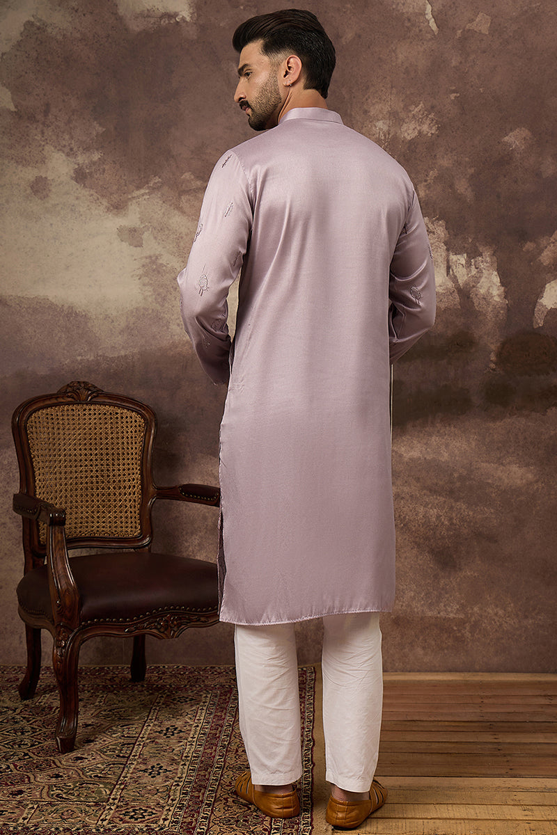 Lavender Silk Blend Solid Embroidered Straight Kurta and Trouser MKSET1333