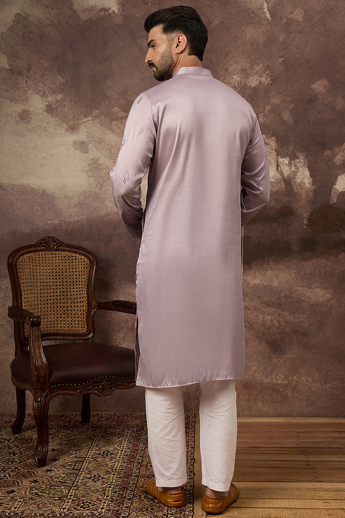 Lavender Silk Blend Solid Embroidered Straight Kurta and Trouser MKSET1333