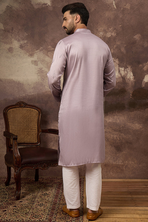 Lavender Silk Blend Solid Embroidered Straight Kurta and Trouser MKSET1333