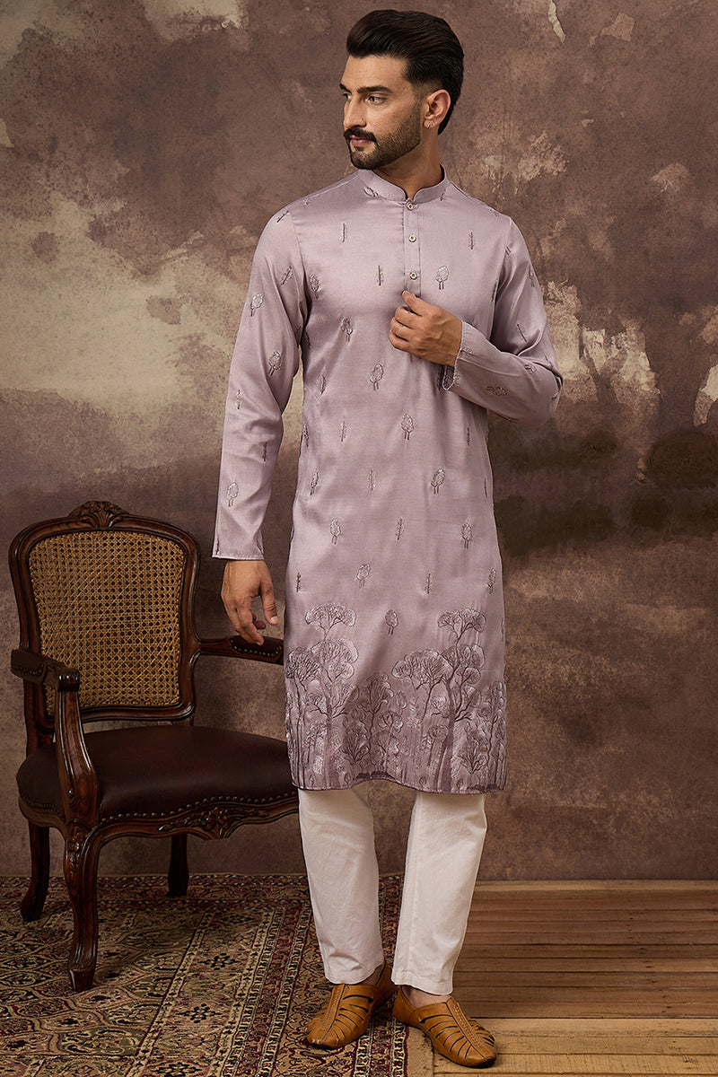 Lavender Silk Blend Solid Embroidered Straight Kurta and Trouser MKSET1333