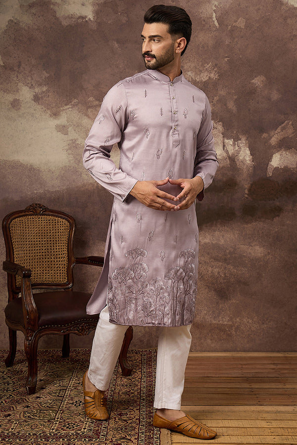 Lavender Silk Blend Solid Embroidered Straight Kurta and Trouser MKSET1333