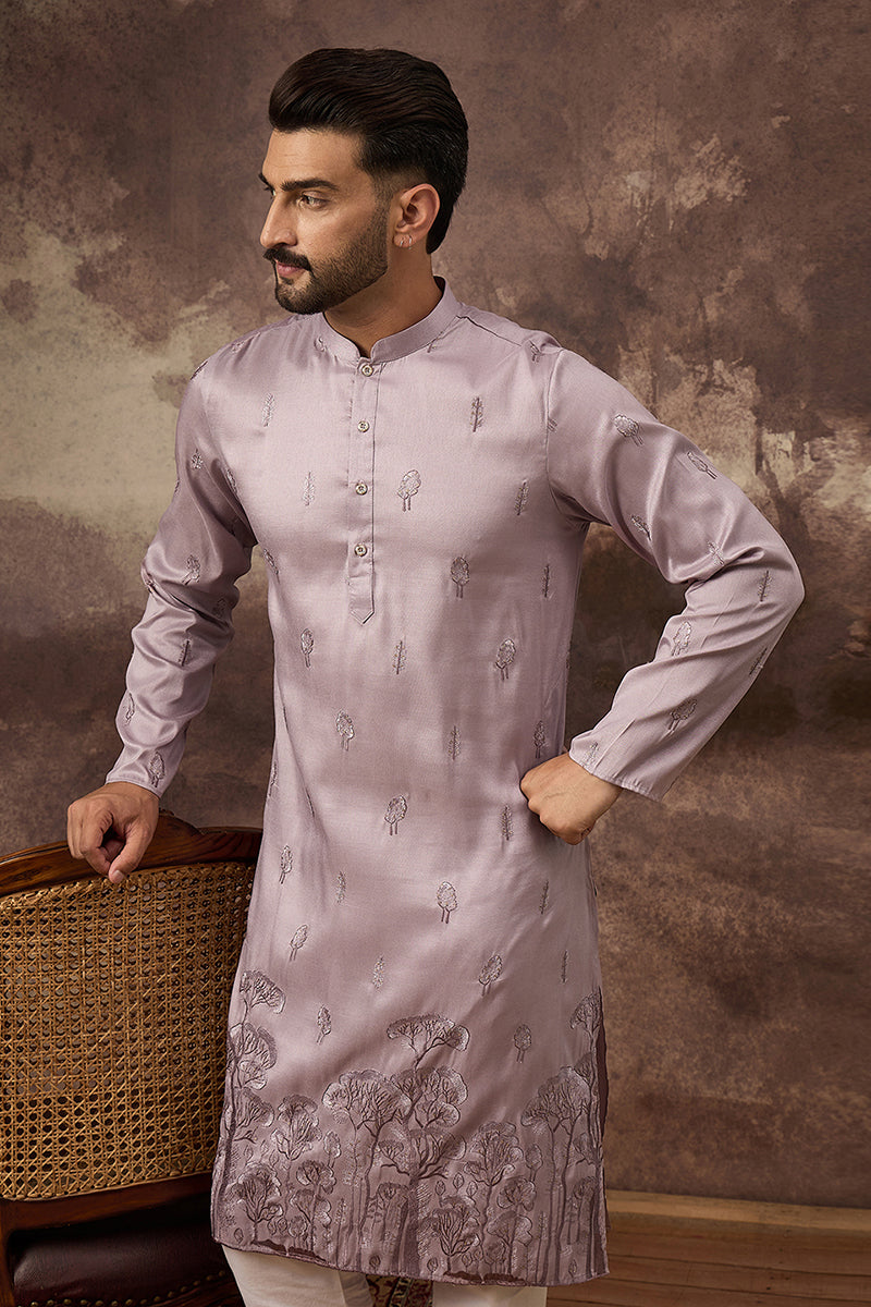 Lavender Silk Blend Solid Embroidered Straight Kurta and Trouser MKSET1333