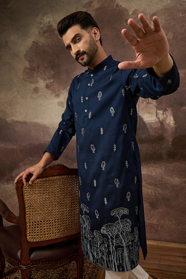 Navy Blue Silk Blend Solid Embroidered Straight Kurta and Trouser MKSET1334