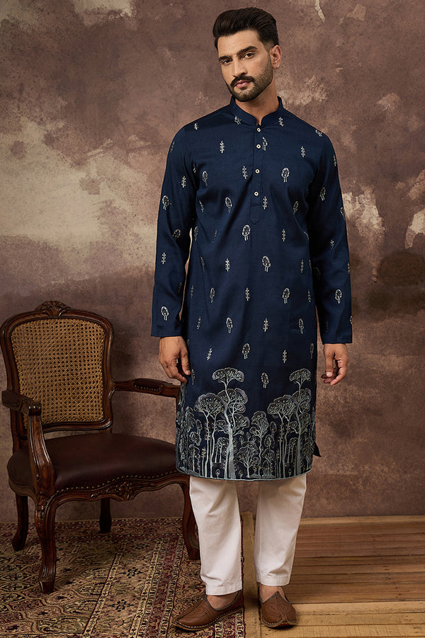 Navy Blue Silk Blend Solid Embroidered Straight Kurta and Trouser MKSET1334