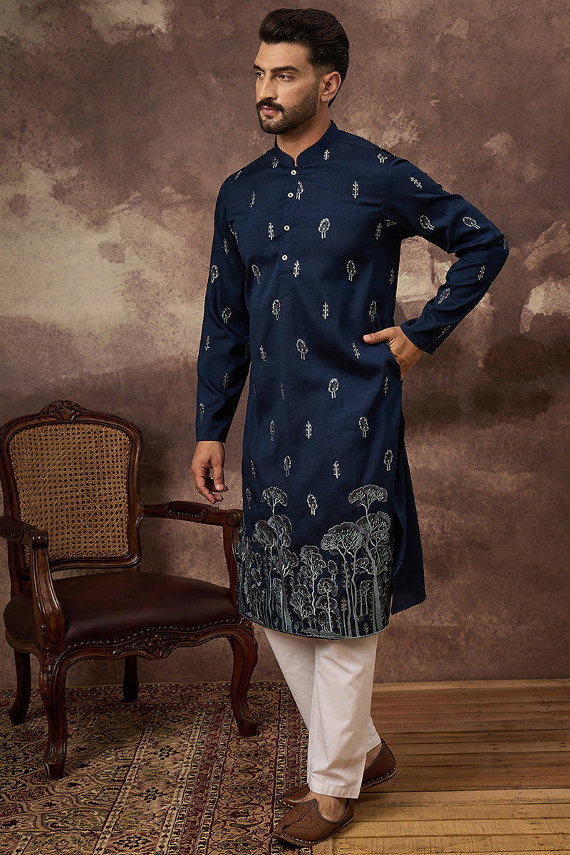 Navy Blue Silk Blend Solid Embroidered Straight Kurta and Trouser MKSET1334