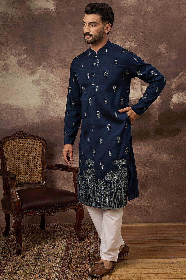 Navy Blue Silk Blend Solid Embroidered Straight Kurta and Trouser MKSET1334