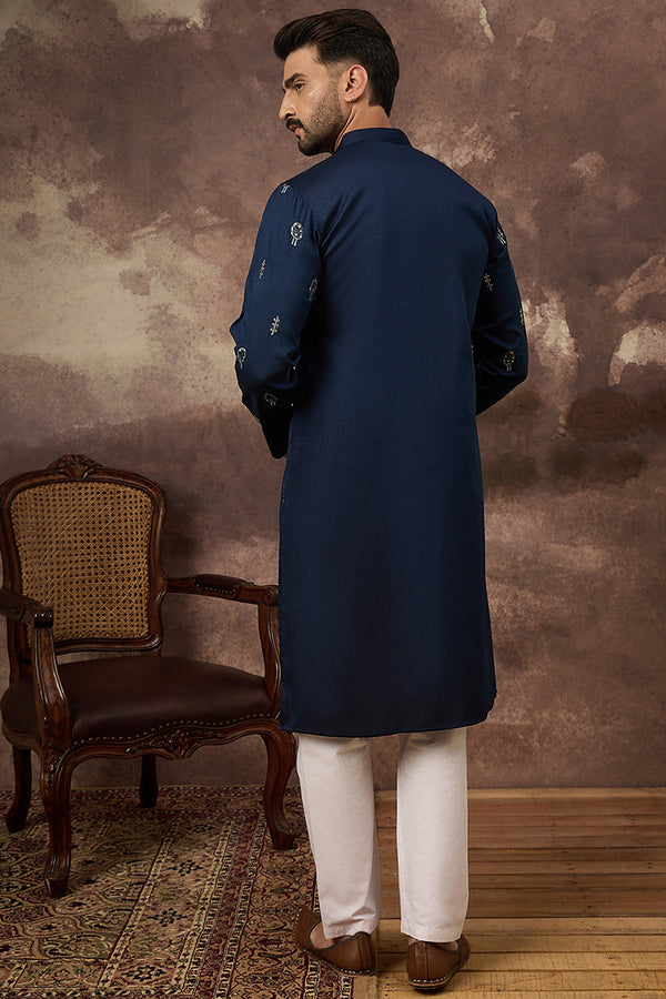 Navy Blue Silk Blend Solid Embroidered Straight Kurta and Trouser MKSET1334