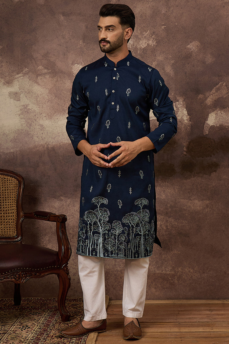 Navy Blue Silk Blend Solid Embroidered Straight Kurta and Trouser MKSET1334