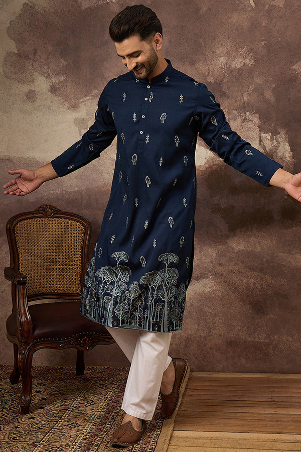 Navy Blue Silk Blend Solid Embroidered Straight Kurta and Trouser MKSET1334