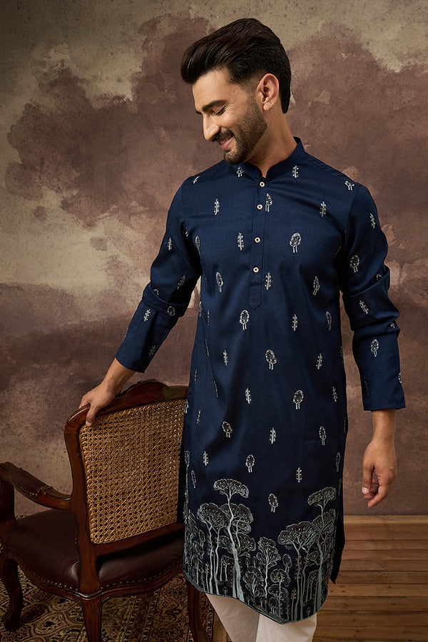 Navy Blue Silk Blend Solid Embroidered Straight Kurta and Trouser MKSET1334