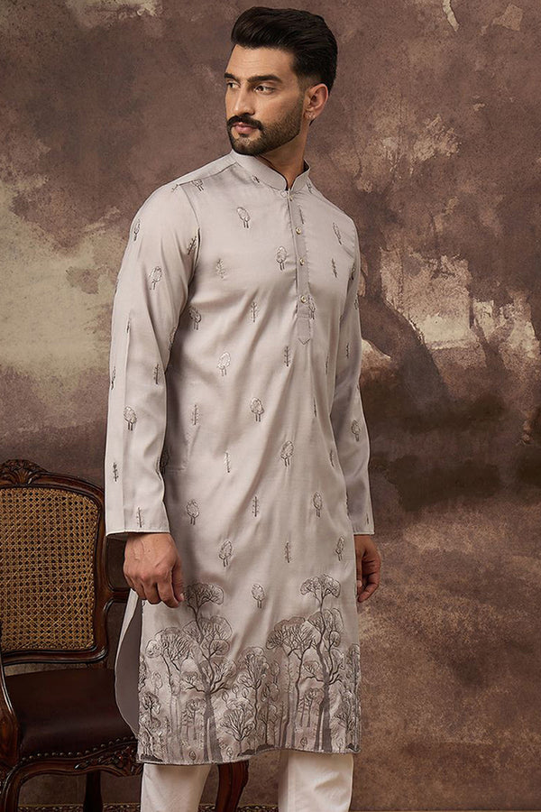 Grey Silk Blend Solid Embroidered Straight Kurta and Trouser MKSET1335