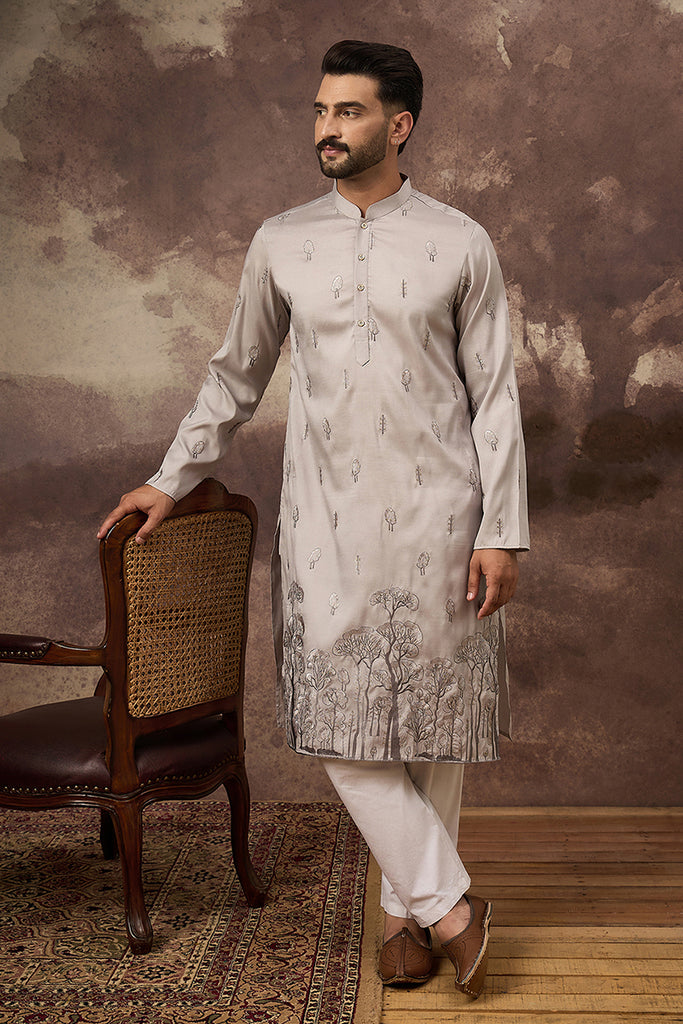 Grey Silk Blend Solid Embroidered Straight Kurta and Trouser MKSET1335
