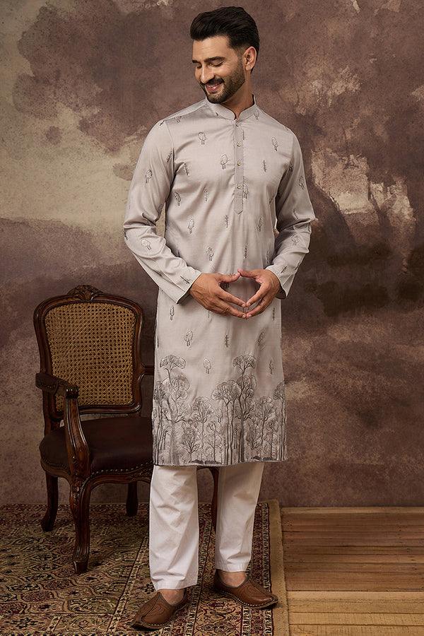 Grey Silk Blend Solid Embroidered Straight Kurta and Trouser MKSET1335
