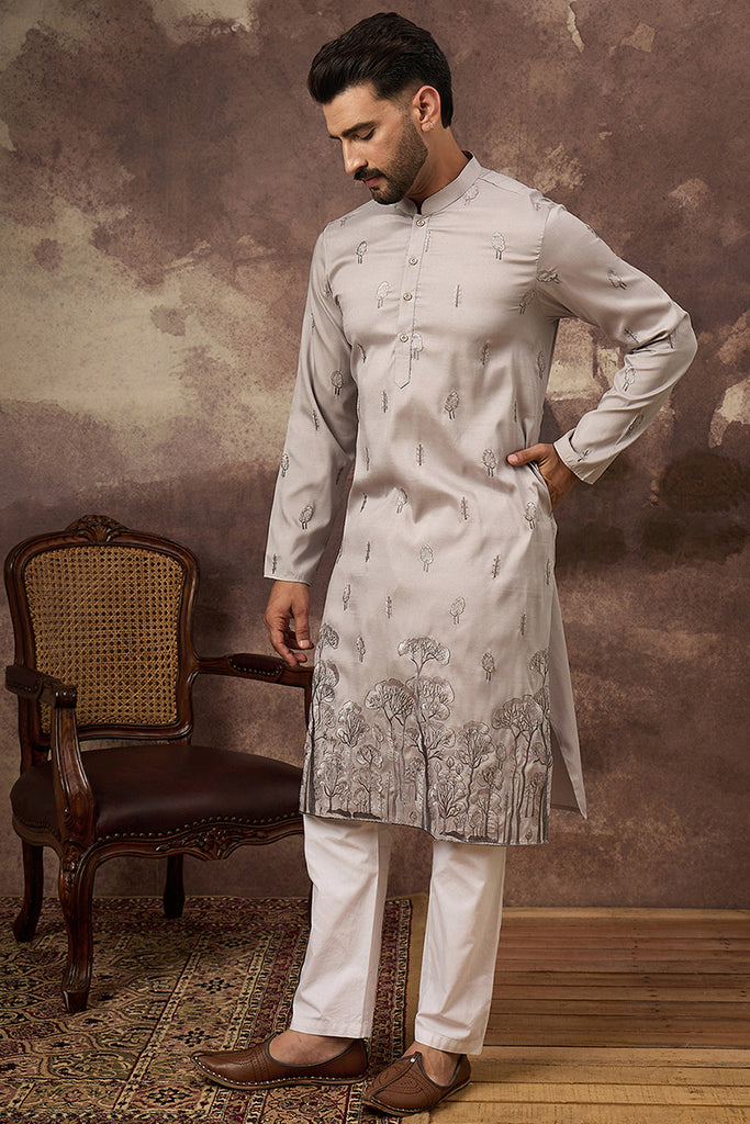 Grey Silk Blend Solid Embroidered Straight Kurta and Trouser MKSET1335