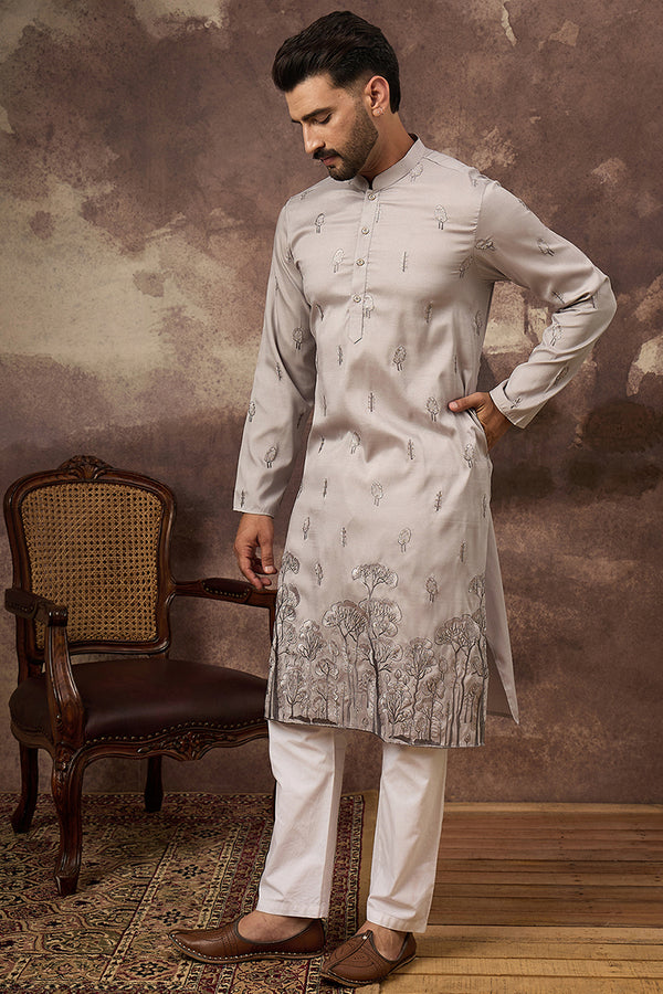 Grey Silk Blend Solid Embroidered Straight Kurta and Trouser MKSET1335