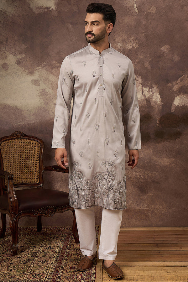Grey Silk Blend Solid Embroidered Straight Kurta and Trouser MKSET1335