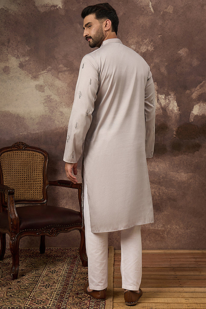 Grey Silk Blend Solid Embroidered Straight Kurta and Trouser MKSET1335