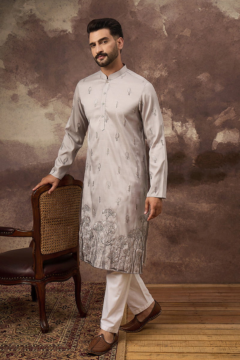 Grey Silk Blend Solid Embroidered Straight Kurta and Trouser MKSET1335