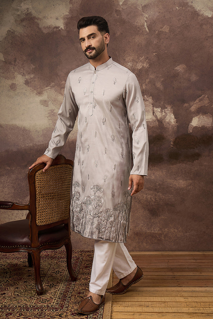 Grey Silk Blend Solid Embroidered Straight Kurta and Trouser MKSET1335