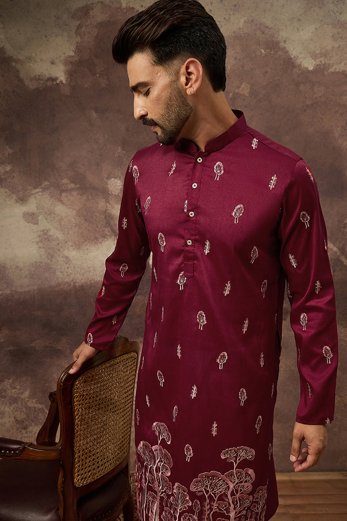 Maroon Silk Blend Solid Embroidered Straight Kurta and Trouser MKSET1336