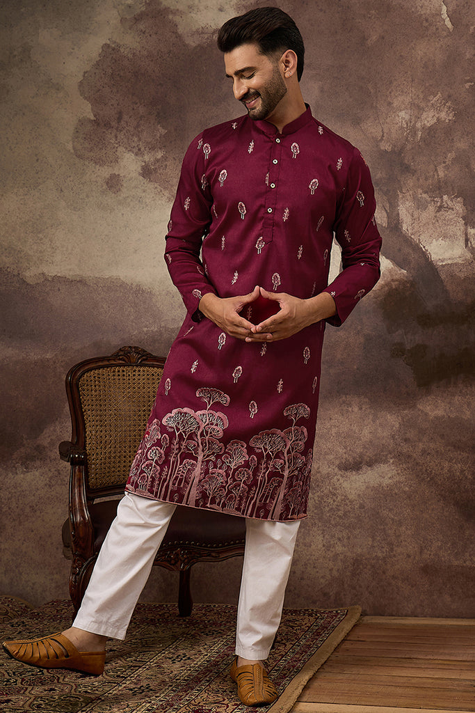 Maroon Silk Blend Solid Embroidered Straight Kurta and Trouser MKSET1336