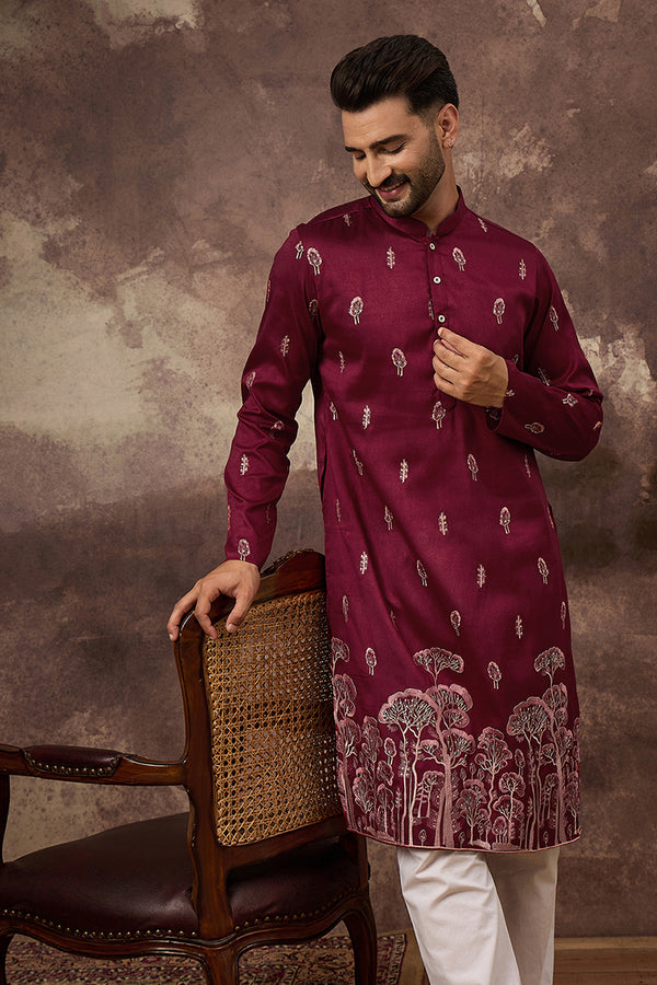 Maroon Silk Blend Solid Embroidered Straight Kurta and Trouser MKSET1336