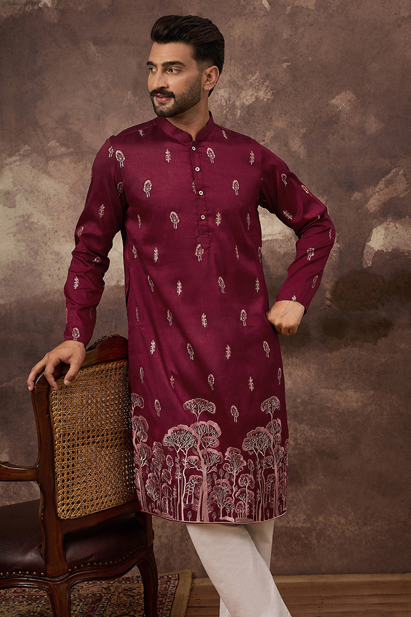 Maroon Silk Blend Solid Embroidered Straight Kurta and Trouser MKSET1336