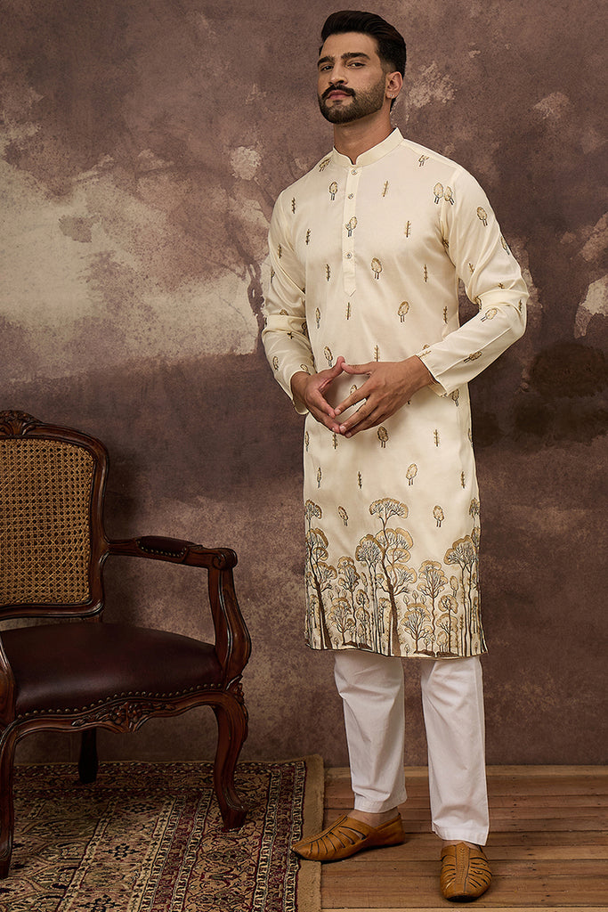White Silk Blend Solid Embroidered Straight Kurta and Trouser MKSET1337