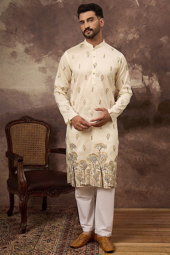 White Silk Blend Solid Embroidered Straight Kurta and Trouser MKSET1337