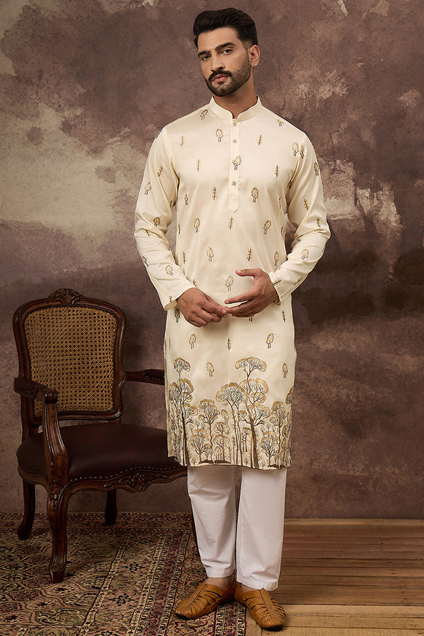 White Silk Blend Solid Embroidered Straight Kurta and Trouser MKSET1337