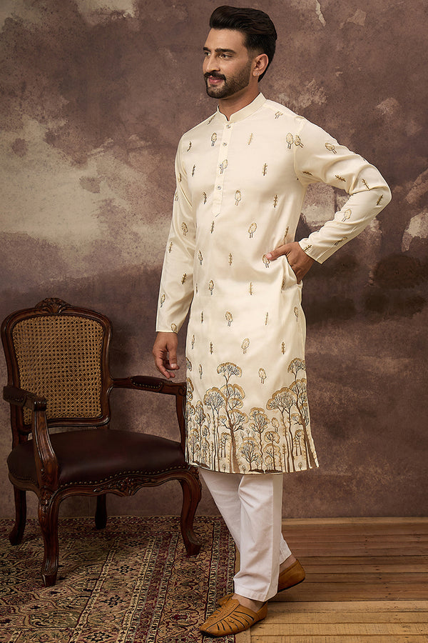 White Silk Blend Solid Embroidered Straight Kurta and Trouser MKSET1337