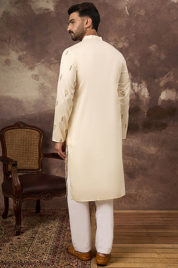 White Silk Blend Solid Embroidered Straight Kurta and Trouser MKSET1337