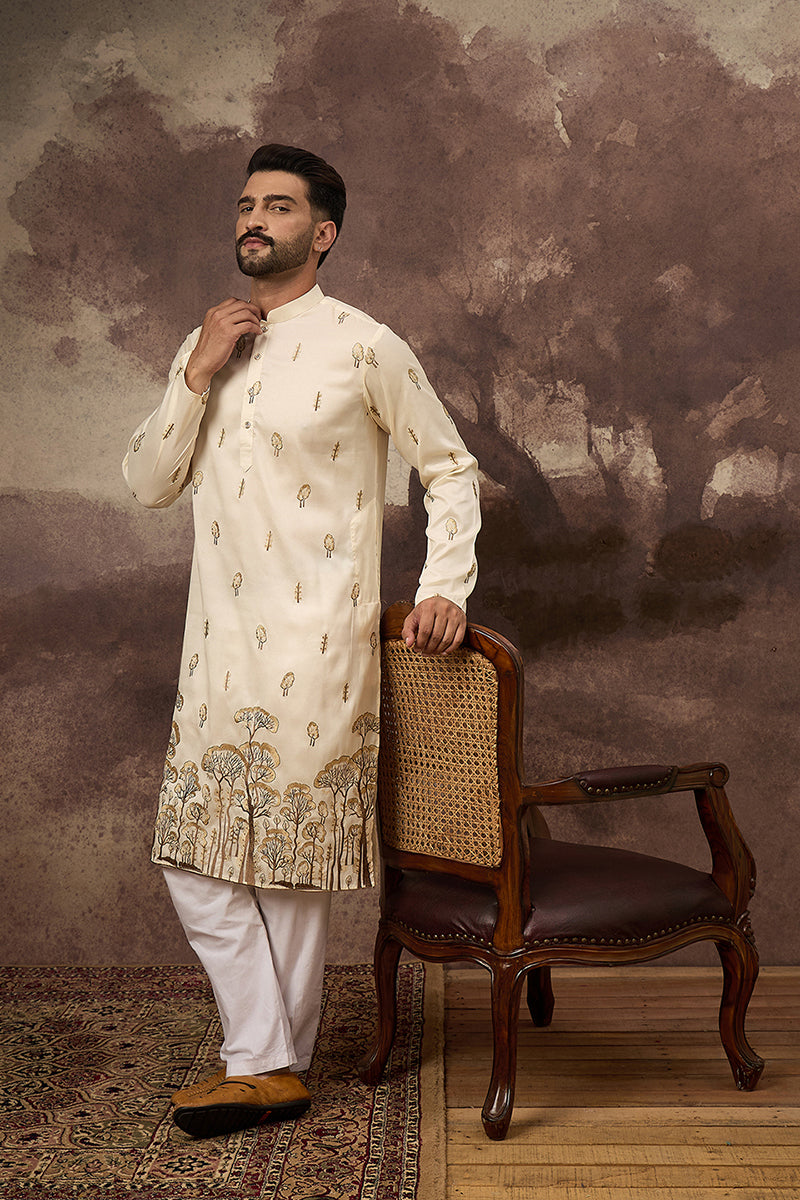 White Silk Blend Solid Embroidered Straight Kurta and Trouser MKSET1337