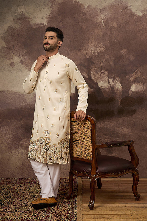 White Silk Blend Solid Embroidered Straight Kurta and Trouser MKSET1337