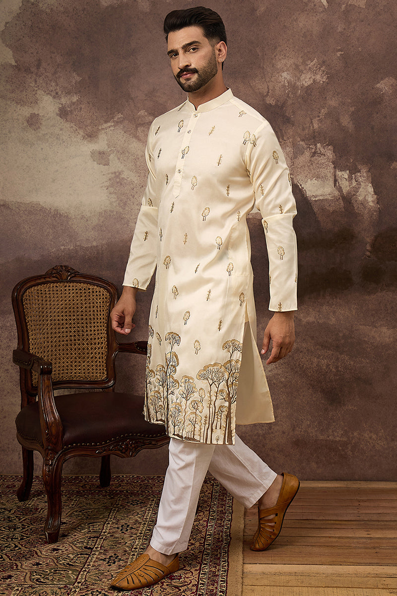 White Silk Blend Solid Embroidered Straight Kurta and Trouser MKSET1337