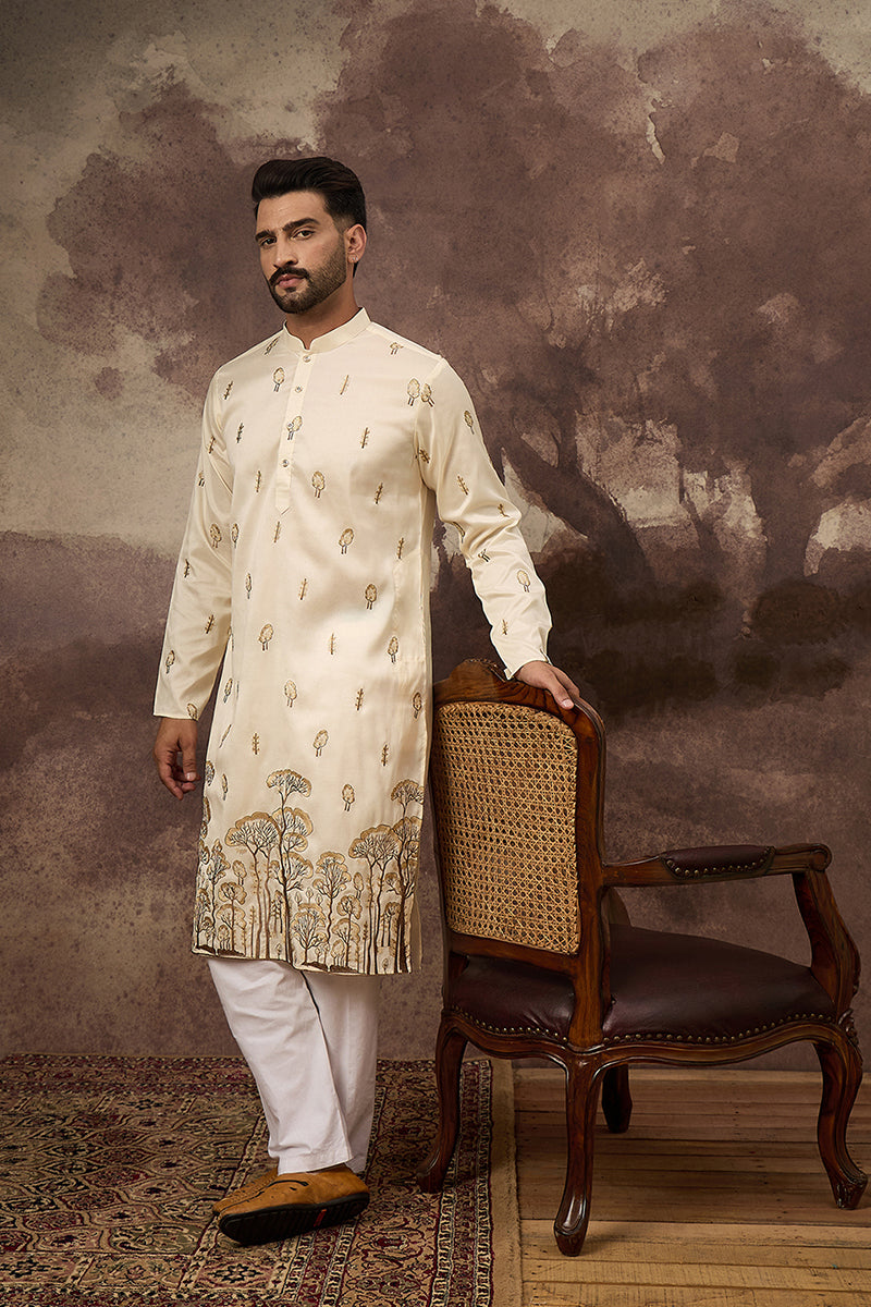 White Silk Blend Solid Embroidered Straight Kurta and Trouser MKSET1337