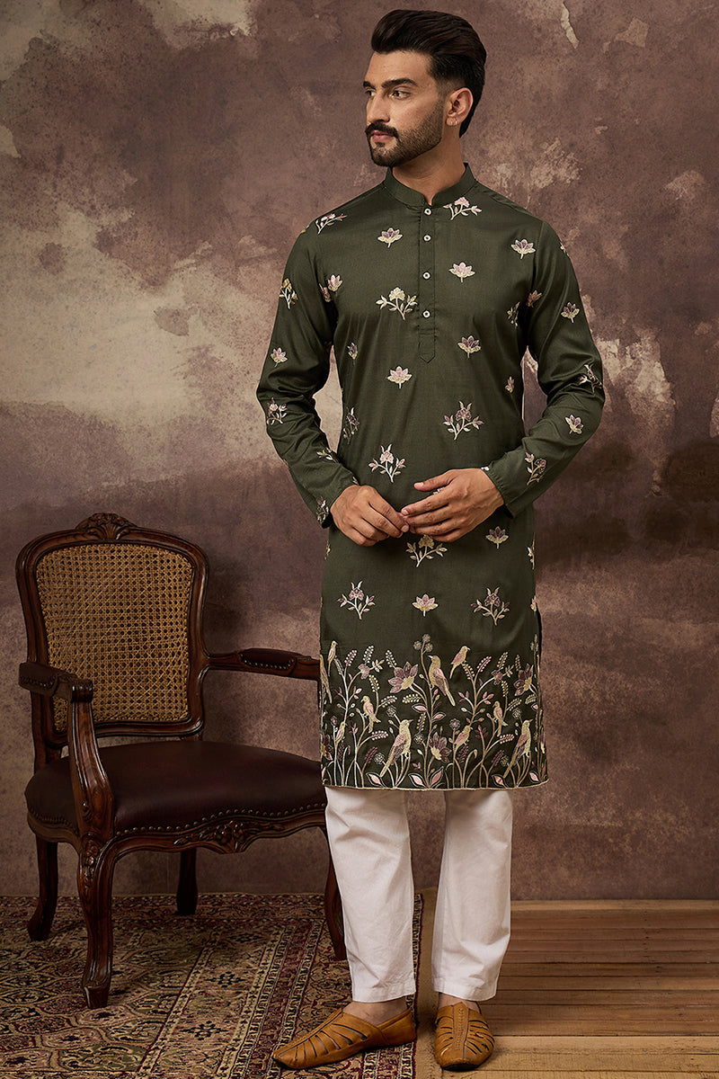 Green Silk Blend Solid Embroidered Straight Kurta and Trouser MKSET1338
