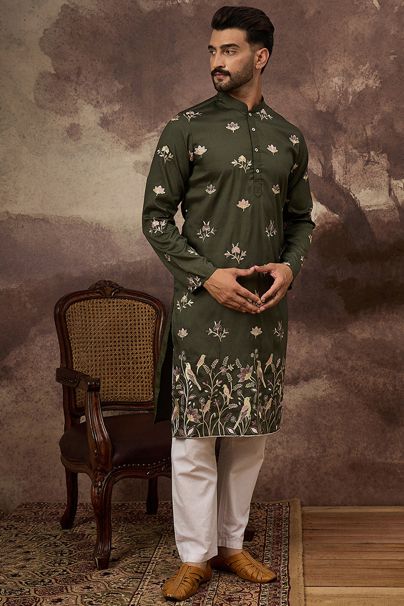 Green Silk Blend Solid Embroidered Straight Kurta and Trouser MKSET1338
