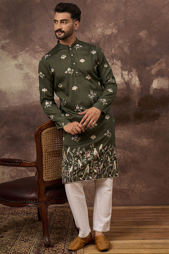 Green Silk Blend Solid Embroidered Straight Kurta and Trouser MKSET1338