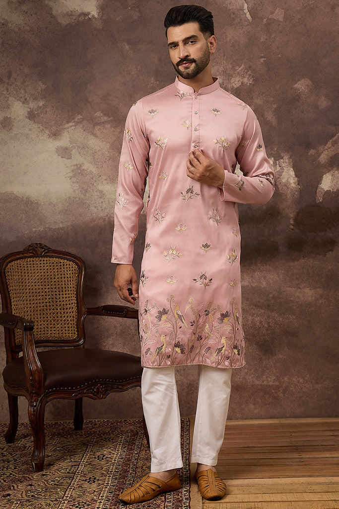 Peach Silk Blend Solid Embroidered Straight Kurta and Trouser MKSET1339