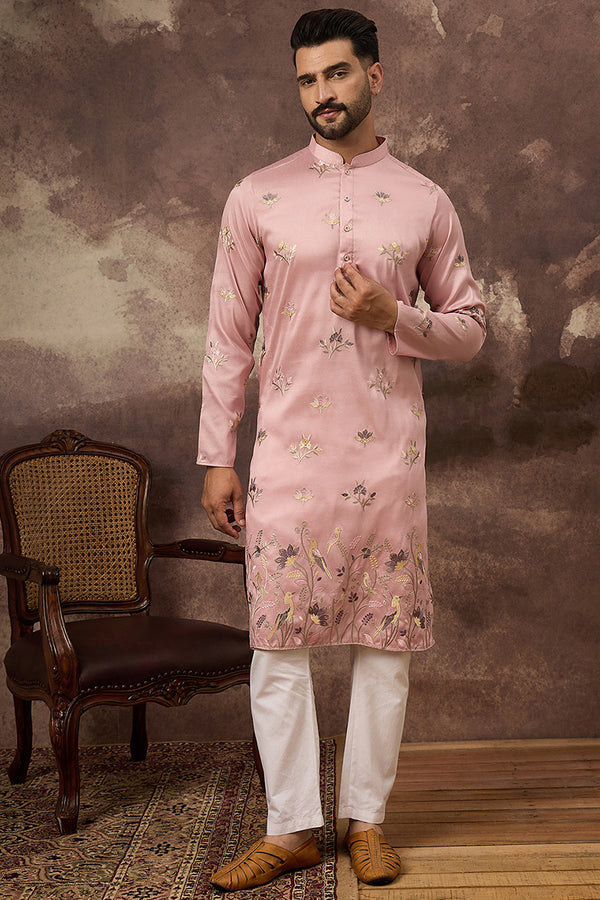 Peach Silk Blend Solid Embroidered Straight Kurta and Trouser MKSET1339