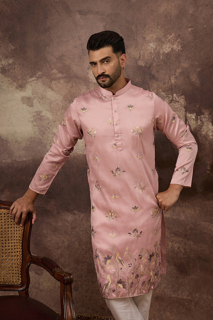 Peach Silk Blend Solid Embroidered Straight Kurta and Trouser MKSET1339