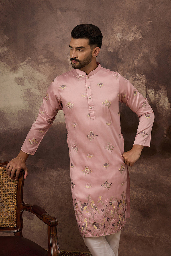 Peach Silk Blend Solid Embroidered Straight Kurta and Trouser MKSET1339