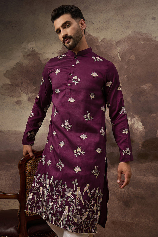 Purple Silk Blend Solid Embroidered Straight Kurta and Trouser MKSET1340