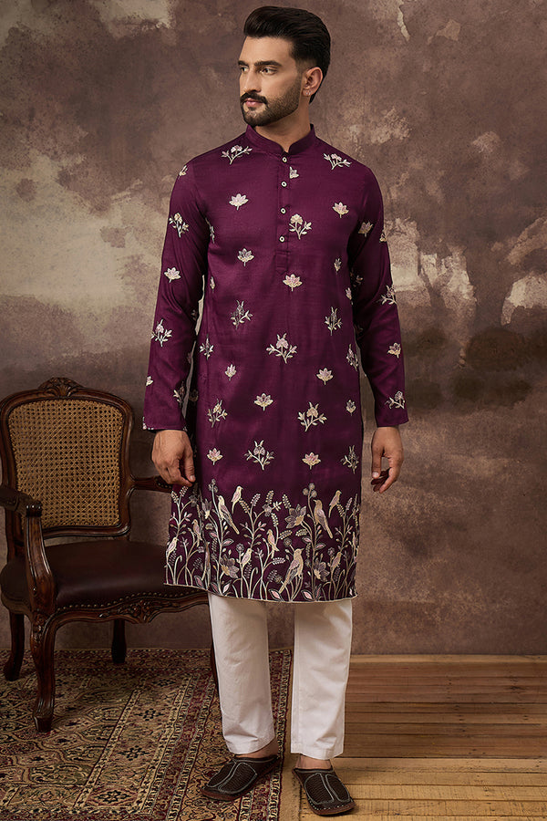 Purple Silk Blend Solid Embroidered Straight Kurta and Trouser MKSET1340