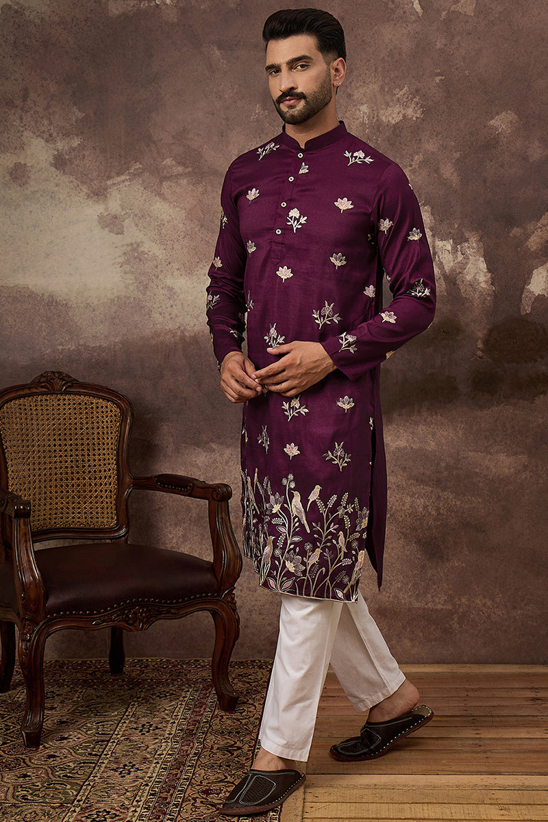 Purple Silk Blend Solid Embroidered Straight Kurta and Trouser MKSET1340