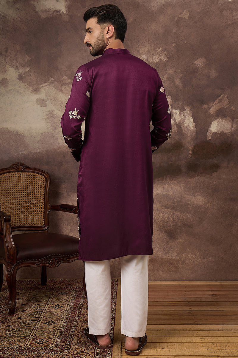 Purple Silk Blend Solid Embroidered Straight Kurta and Trouser MKSET1340