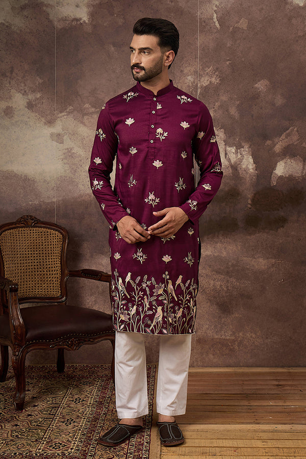 Purple Silk Blend Solid Embroidered Straight Kurta and Trouser MKSET1340