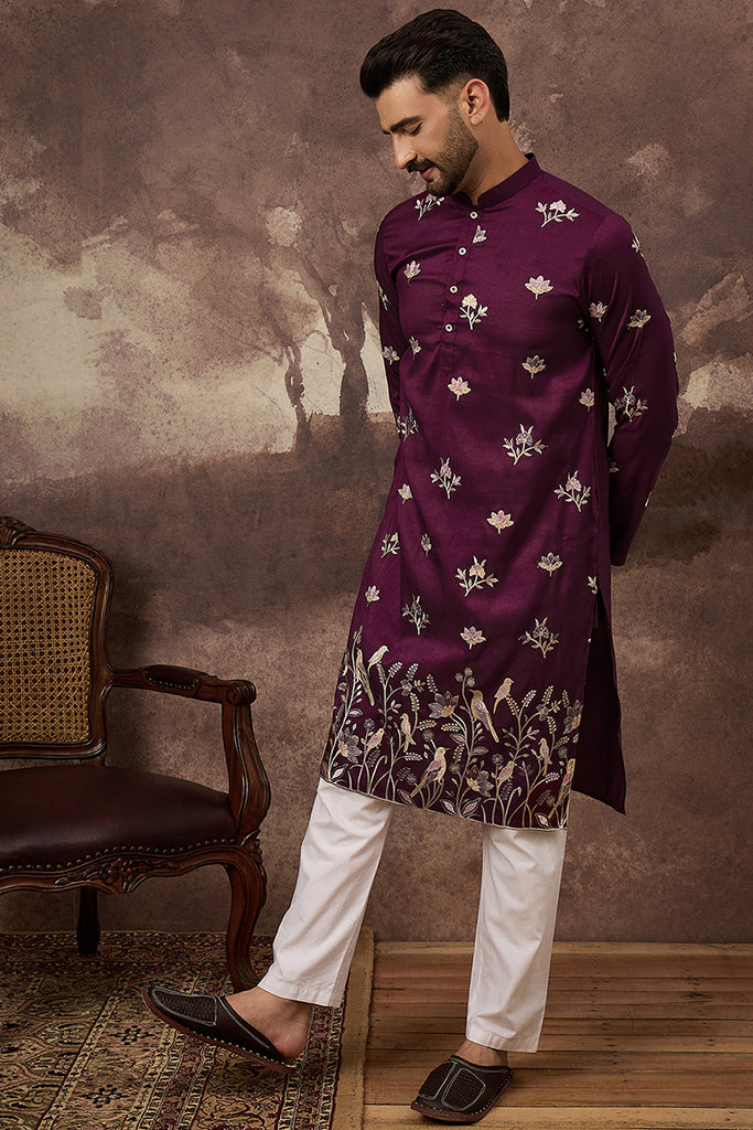 Purple Silk Blend Solid Embroidered Straight Kurta and Trouser MKSET1340