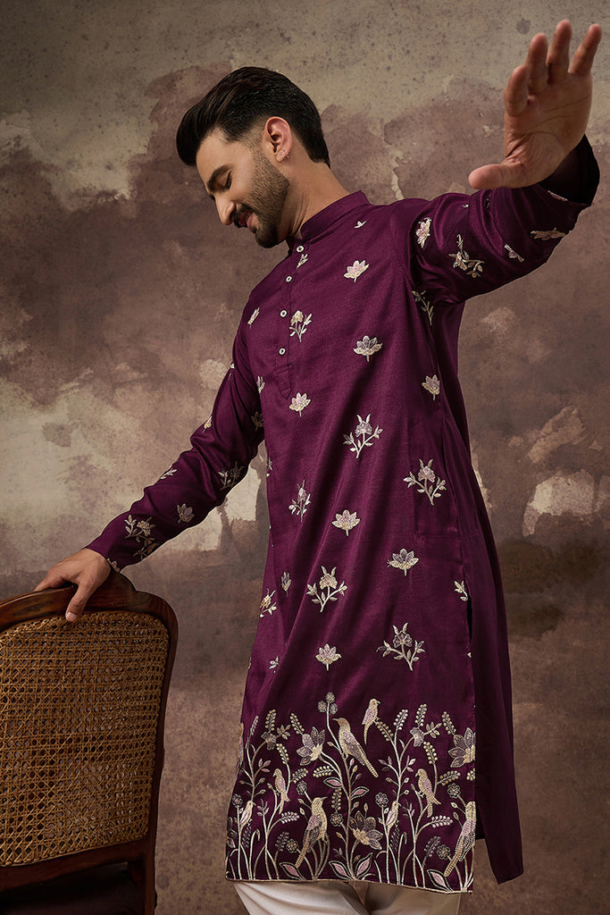 Purple Silk Blend Solid Embroidered Straight Kurta and Trouser MKSET1340